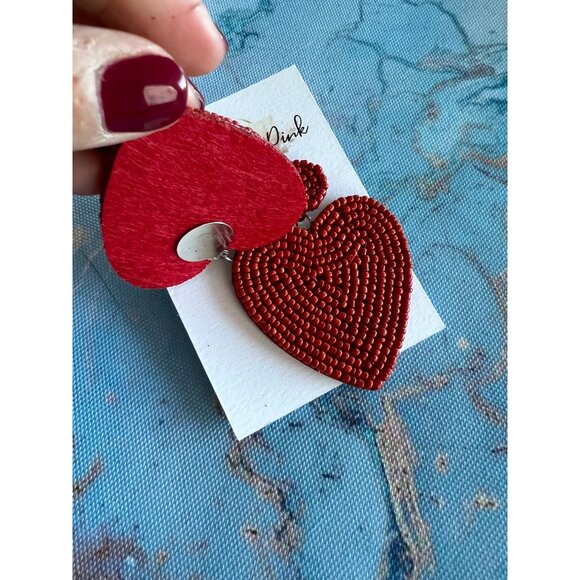HEART Red Love Valentine Beaded Statement Earrings NEW - Picture 3 of 3
